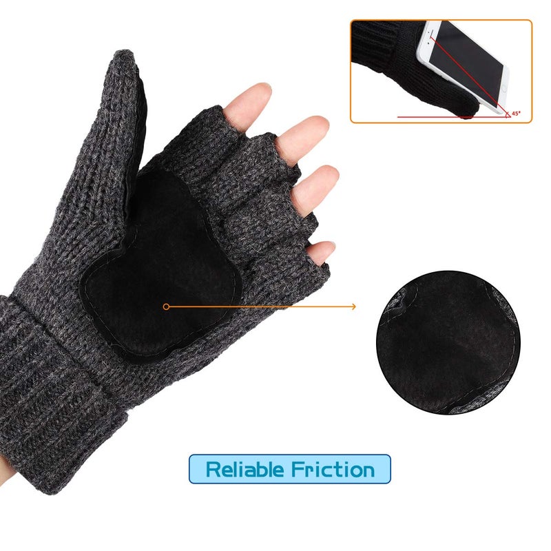 OMECHY Winter Knitted Fingerless Wool Gloves Thermal Insulation Warm Convertible Mittens Flap Cover for Men Women - Image 2